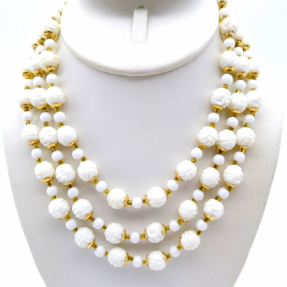 Vintage Triple Strand Necklace, Vintage White and Gold Tone Molded Plastic Beads